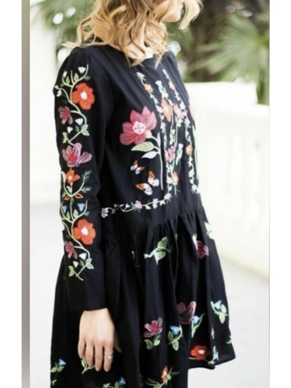 ZARA Woman Dress Size Large Black Embroidered Floral Boho Babydoll Long Sleeve